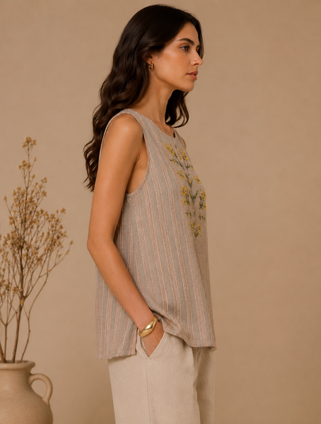 Grey & Pink Linen Striped Top (Stone Grey & Rose Ganache) - ASST0113