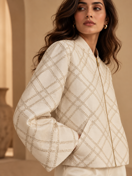 Ivory Chanderi Embroidered Bomber Jacket (The Pearl & Champagne) - ASJ075