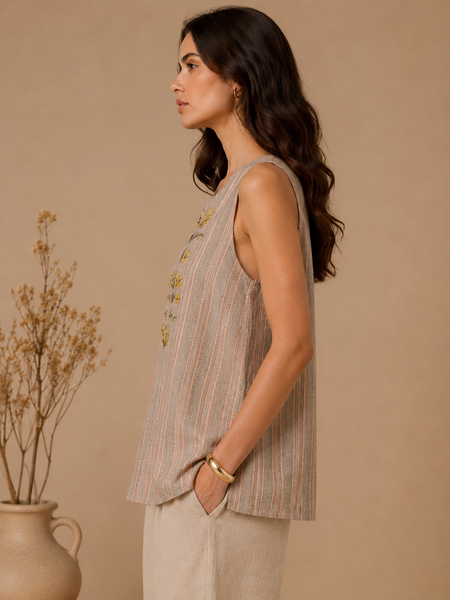 Grey & Pink Linen Striped Top (Stone Grey & Rose Ganache) - ASST0113
