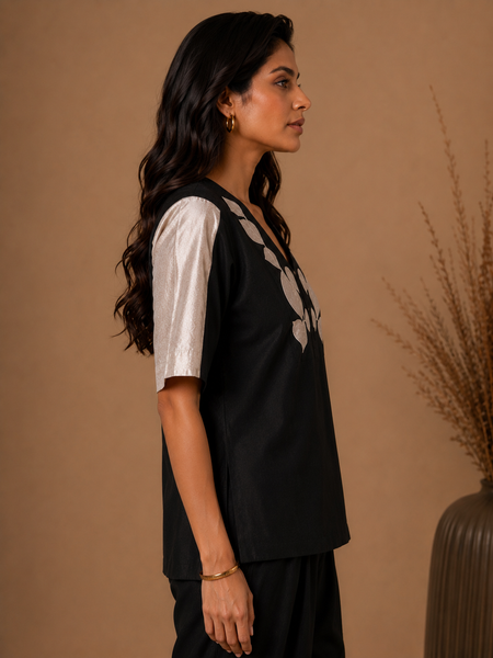 Black & Silver Bemberg Silk Top (Obsidian Fondant & Frosted Pearl) - ASST0114