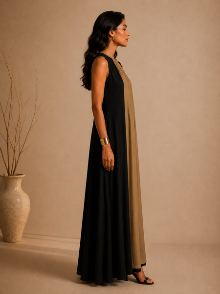 Black & Gold Bemberg Silk Dress (Black Truffle & Honeyed Ganache) - AS0763