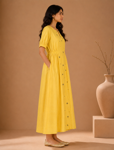 Butter Yellow Cotton/Silk Dress (The Radiant Buttercup) - AS0767