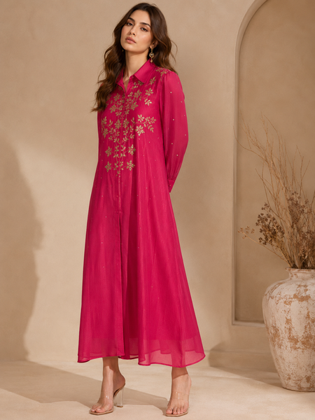 Fuschia Pink Kota Chanderi Dress (The Electric Rose) - AS0766
