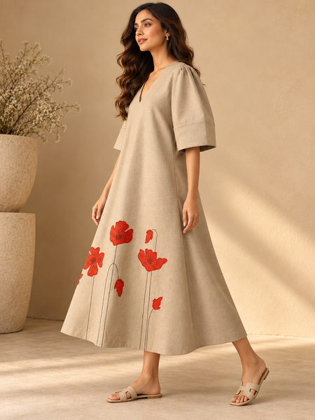 Beige Cotton/Silk Dress (The Scarlet Poppy Sand) - AS0768