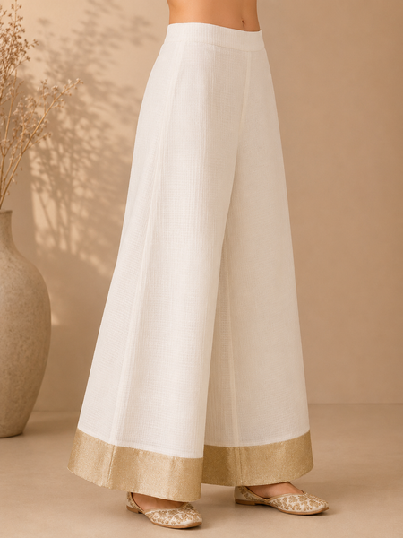 Cream & Gold Kota Cotton Palazzo (Clotted Cream & Honeyed Zari) - ASP078