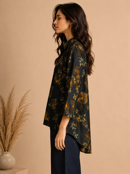 Navy Blue Printed Japanese Silk Top (Deep Indigo & Candied Ginger) - ASST0117