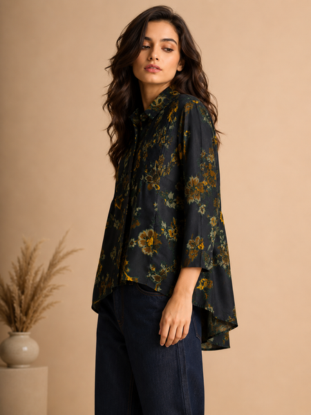 Navy Blue Printed Japanese Silk Top (Deep Indigo & Candied Ginger) - ASST0117