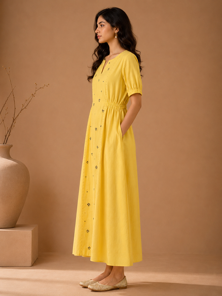 Butter Yellow Cotton/Silk Dress (The Radiant Buttercup) - AS0767