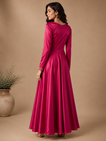 Fuchsia Pink Mashru Silk Maxi Dress (Fuchsia Plum Glaze & Smoked Amber) - ASCUS001