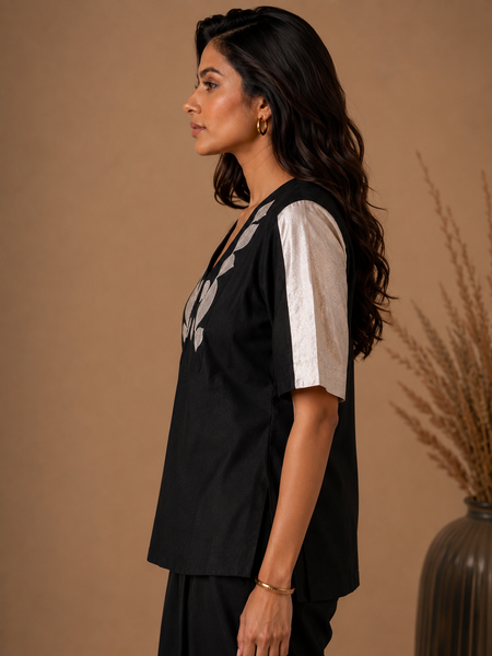 Black & Silver Bemberg Silk Top (Obsidian Fondant & Frosted Pearl) - ASST0114