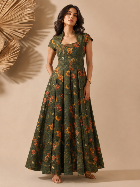Green Chanderi Printed Maxi Dress (Emerald Herb-Garden Gala) - AS0762