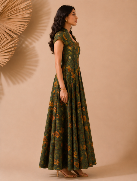 Green Chanderi Printed Maxi Dress (Emerald Herb-Garden Gala) - AS0762