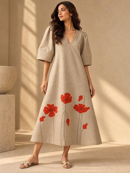 Beige Cotton/Silk Dress (The Scarlet Poppy Sand) - AS0768