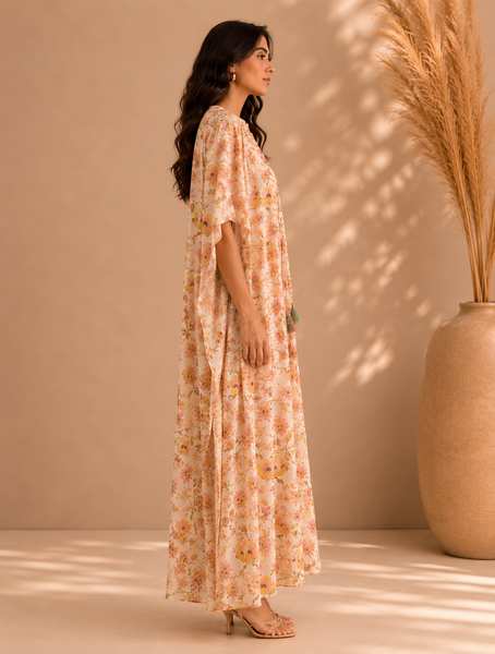 Pink & Green Muslin Printed Kaftan Dress (Strawberries & Cream Botanical Meridian) - AS0765
