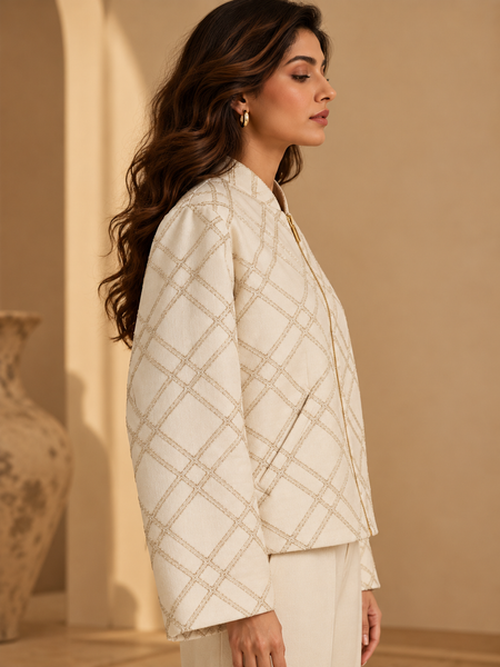 Ivory Chanderi Embroidered Bomber Jacket (The Pearl & Champagne) - ASJ075