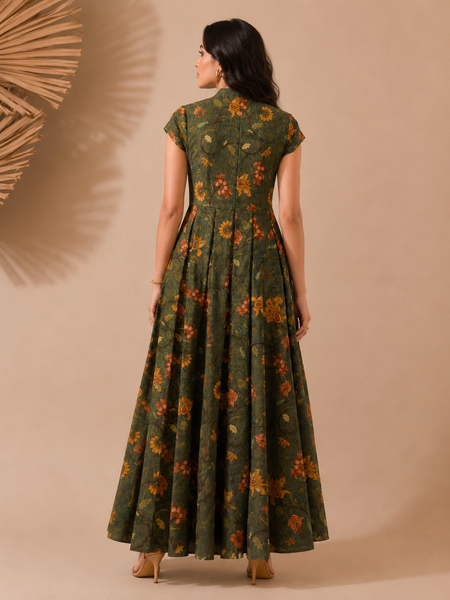 Green Chanderi Printed Maxi Dress (Emerald Herb-Garden Gala) - AS0762