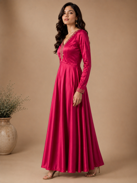 Fuchsia Pink Mashru Silk Maxi Dress (Fuchsia Plum Glaze & Smoked Amber) - ASCUS001
