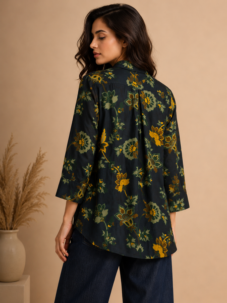 Navy Blue Printed Japanese Silk Top (Deep Indigo & Candied Ginger) - ASST0117