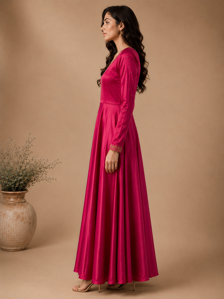 Fuchsia Pink Mashru Silk Maxi Dress (Fuchsia Plum Glaze & Smoked Amber) - ASCUS001