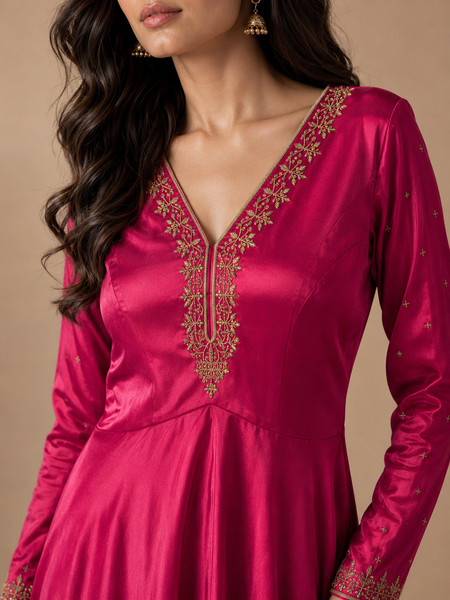 Fuchsia Pink Mashru Silk Maxi Dress (Fuchsia Plum Glaze & Smoked Amber) - ASCUS001