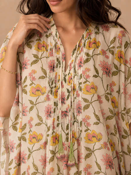 Pink & Green Muslin Printed Kaftan Dress (Strawberries & Cream Botanical Meridian) - AS0765