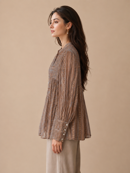 Brown & Blue Muslin Printed Top (Toasted Pecan & Iced Cerulean) - ASST0116