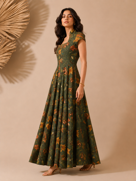 Green Chanderi Printed Maxi Dress (Emerald Herb-Garden Gala) - AS0762