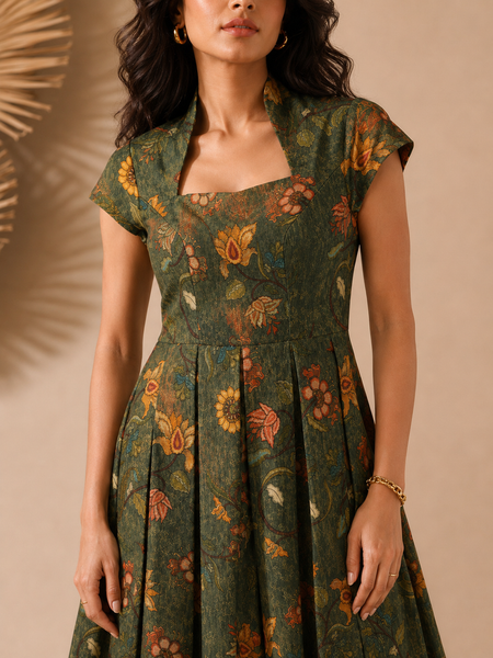 Green Chanderi Printed Maxi Dress (Emerald Herb-Garden Gala) - AS0762