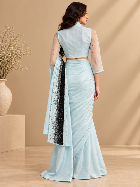 Sky Blue Bemberg Silk Ready Saree (The Black Caviar & Glacial Sky) - ASSRCUS001