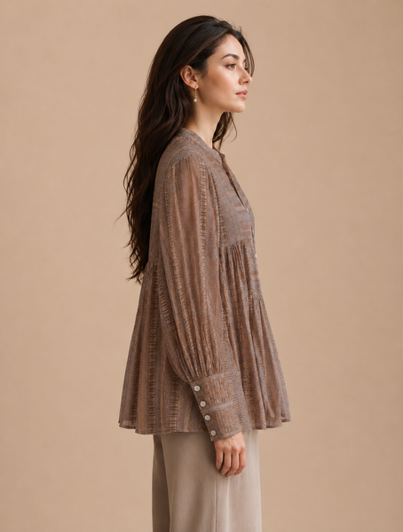 Brown & Blue Muslin Printed Top (Toasted Pecan & Iced Cerulean) - ASST0116