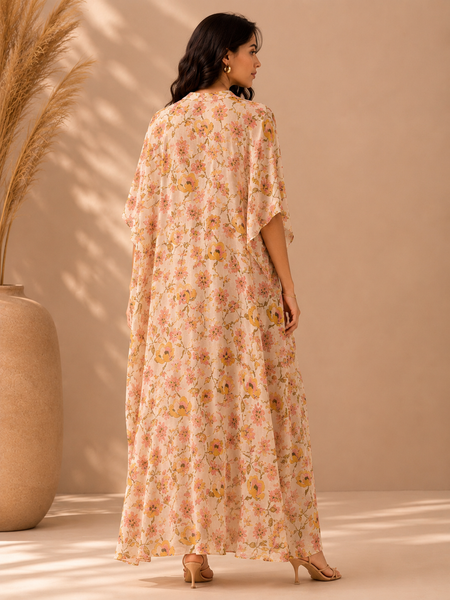 Pink & Green Muslin Printed Kaftan Dress (Strawberries & Cream Botanical Meridian) - AS0765