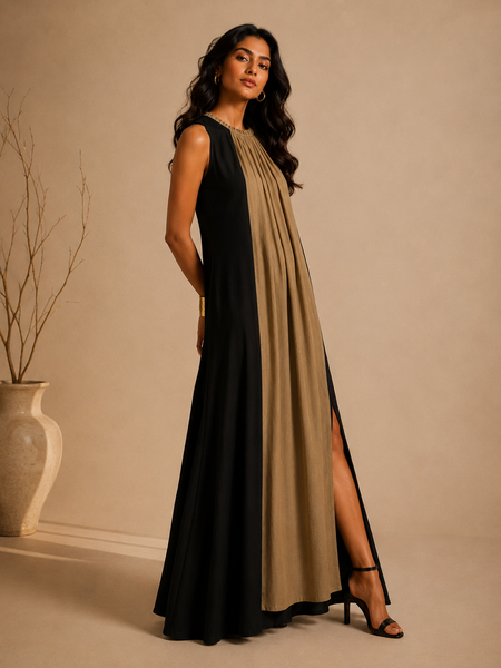Black & Gold Bemberg Silk Dress (Black Truffle & Honeyed Ganache) - AS0763