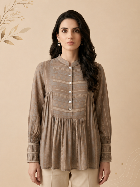 Brown & Blue Muslin Printed Top (Toasted Pecan & Iced Cerulean) - ASST0116