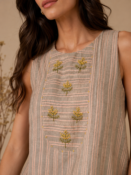 Grey & Pink Linen Striped Top (Stone Grey & Rose Ganache) - ASST0113