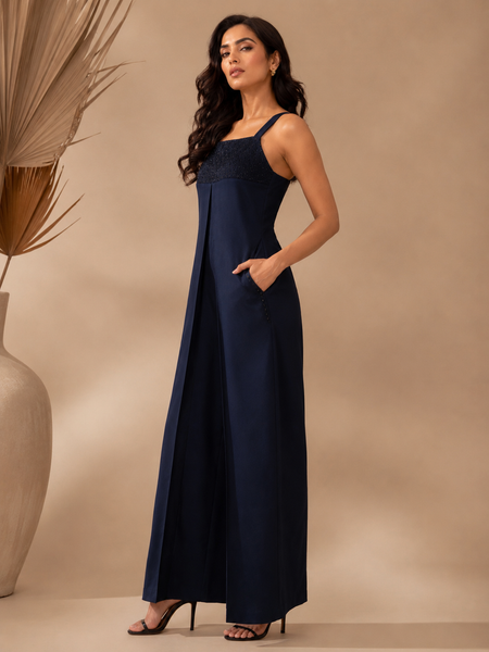 Midnight Blue Malai Cotton Jumpsuit (Midnight Blueberry Ganache) - ASJS026