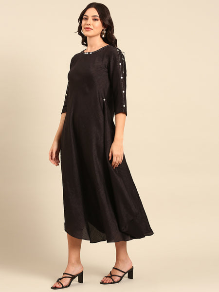 Black Silk Cotton Slub Dress - AS0488