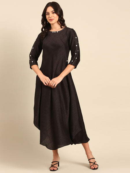 Black Silk Cotton Slub Dress - AS0488
