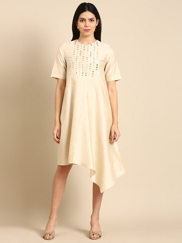 Beige Mukesh Silk Cotton Dress - AS0505