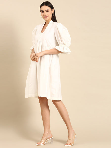 Ivory Cotton Silk Empirical V-Neck Dress - AS0616