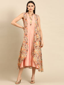 Pink Printed Silk Cotton Muslin Flap Dress - AS0623