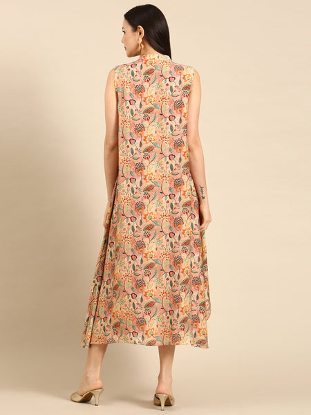 Pink Printed Silk Cotton Muslin Flap Dress - AS0623