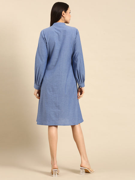 Denim Blue Cotton Smocked Dress - AS0635