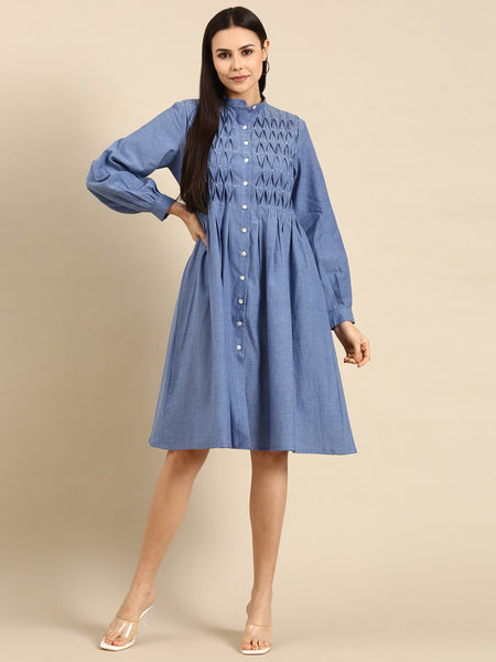 Denim Blue Cotton Smocked Dress - AS0635