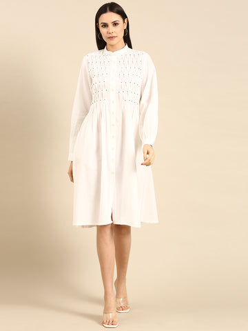 White Cotton Smocked Dress - AS0636