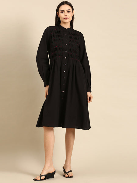 Black Cotton Smocked Dress - AS0637
