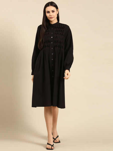 Black Cotton Smocked Dress - AS0637