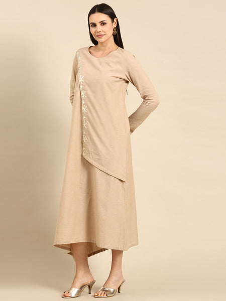 Beige Cotton Assymetric Dress - AS0642