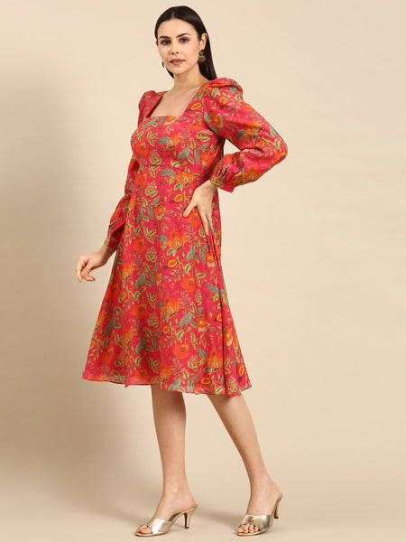 Pink Printed Muslin Square Neck Dress - AS0643