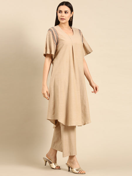 Beige Cotton Pleated Aline Dress - AS0647