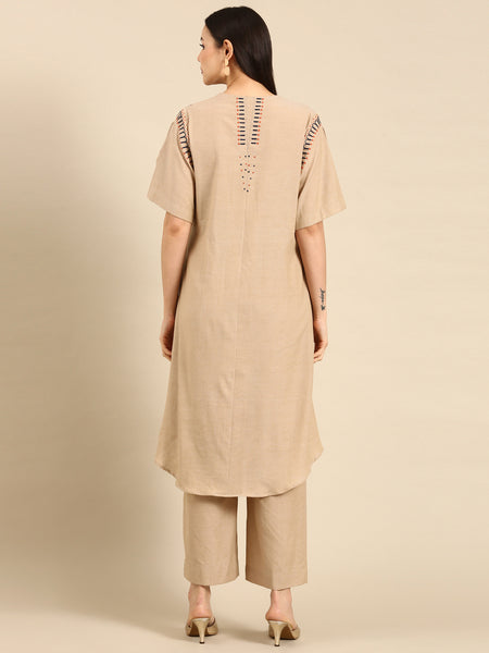 Beige Cotton Pleated Aline Dress - AS0647
